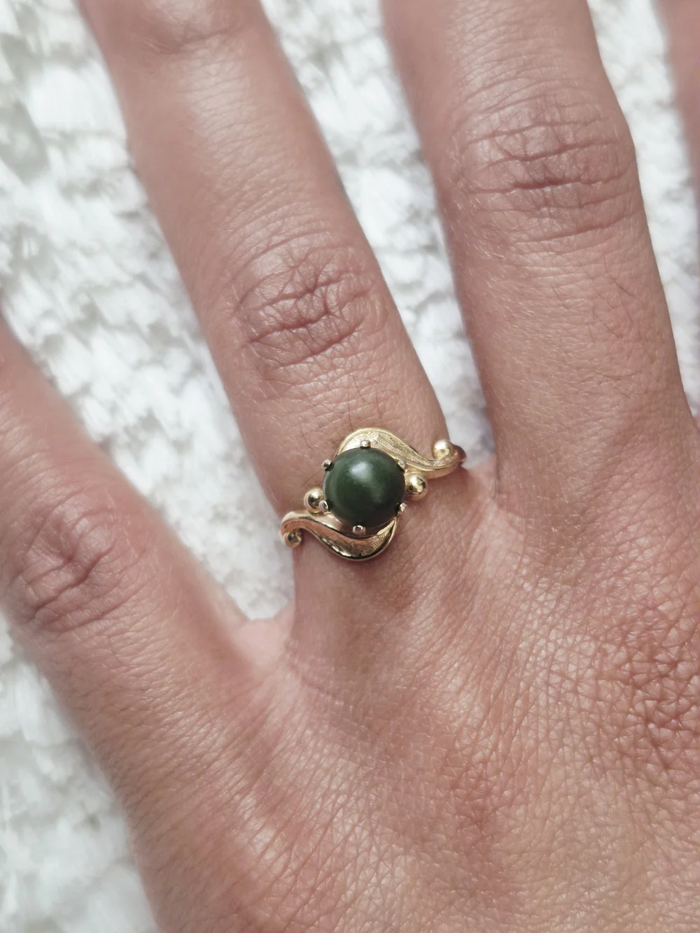 Vintage Gold Vermeil Green Nephrite Jade Cabochon Bypass Ring